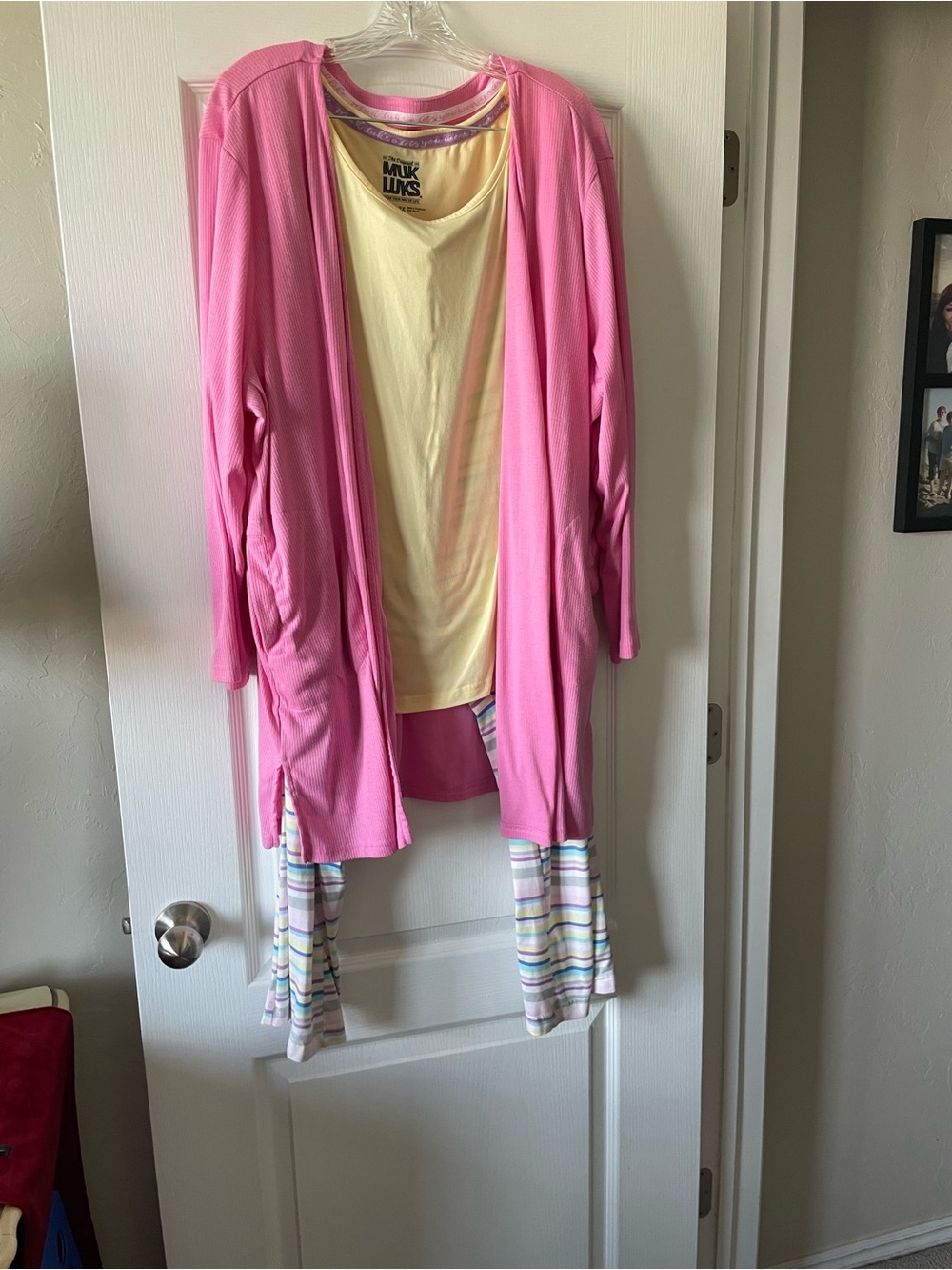 Muk Luks Pink and Yellow Pajama Set with Striped Pants